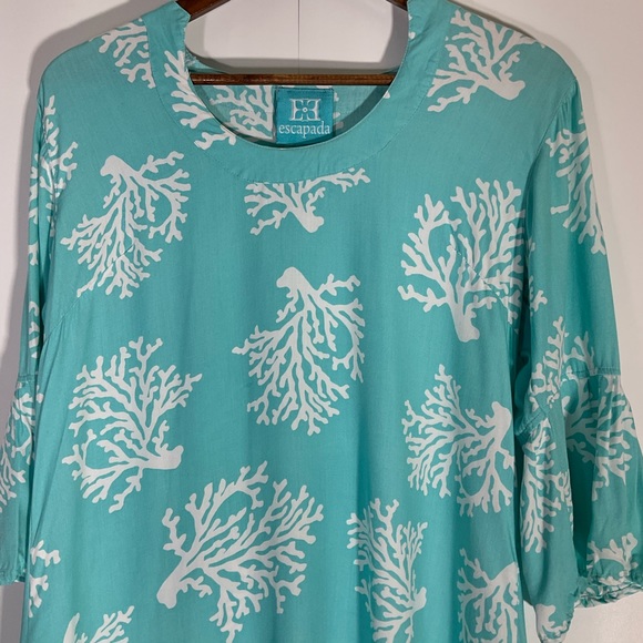 Escapada Swim Cover-Up Turquoise Blue White Coral Pattern Long Sleeve Size Med - Picture 6 of 16